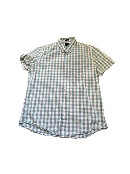 J Crew Slim Teal Turquoise Men's Short Sleeve Checkered Button Down Shirt Large