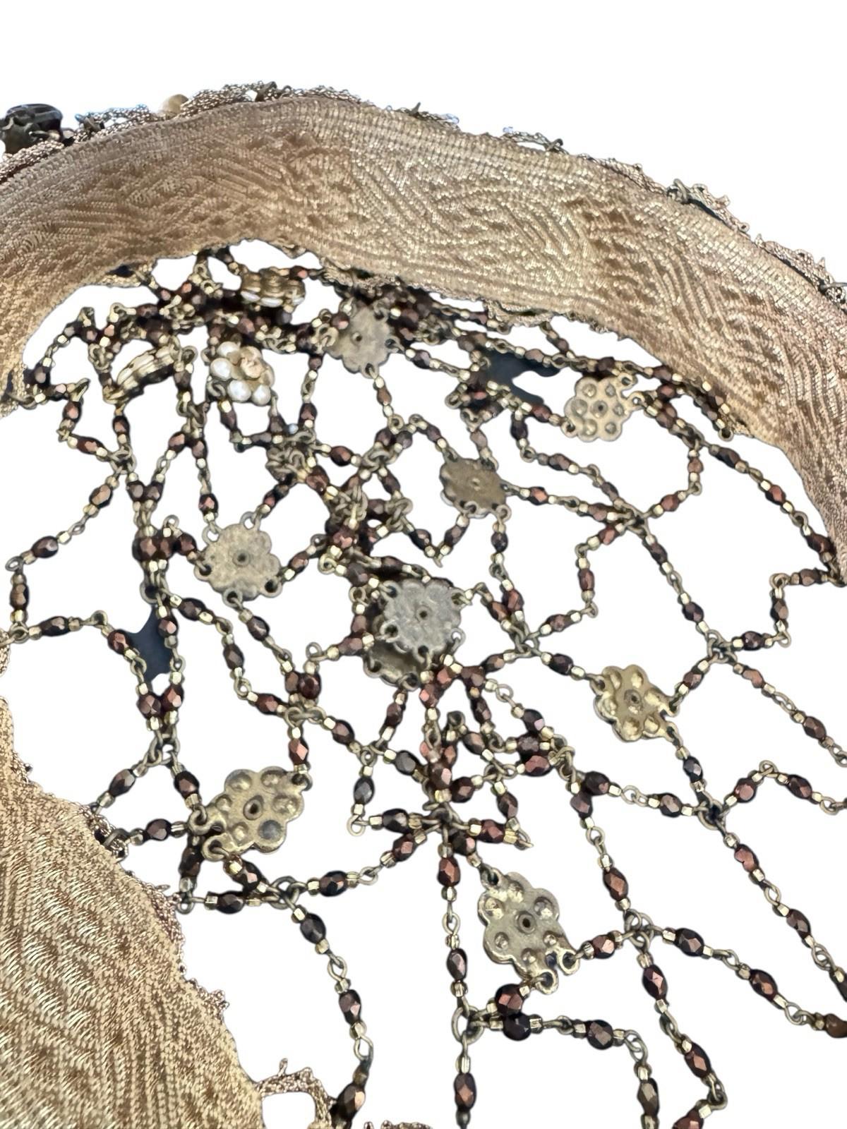 1920's Flapper Gold Headdress Beaded Rhinestone Floral Skull Cap Hat Gold Lame