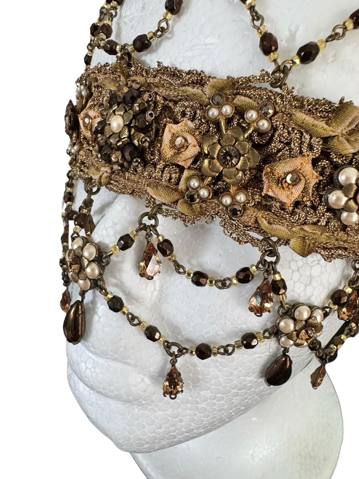 1920's Flapper Gold Headdress Beaded Rhinestone Floral Skull Cap Hat Gold Lame