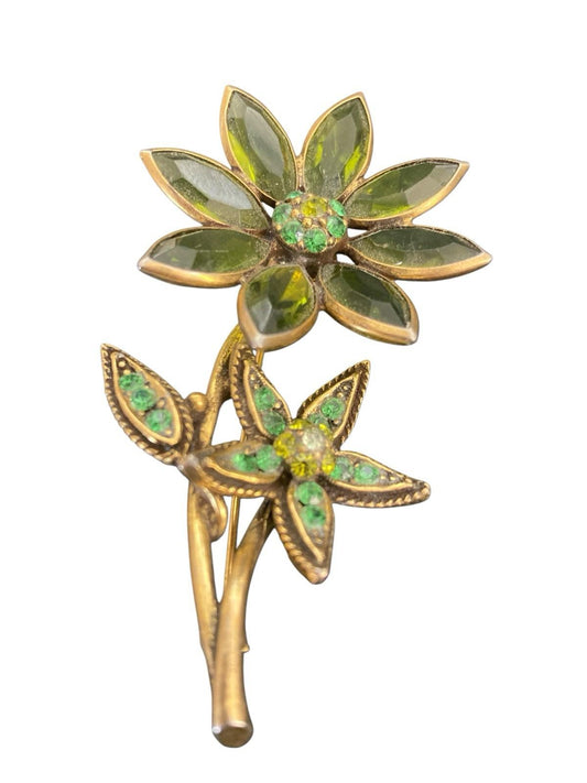 Hollycraft Green Glass Sunflower Daisy Floral Flower Pin Brooch