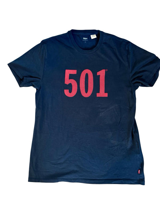 LEVIS 501 T-Shirt Blue With Red Letters Size Medium LEVIS Graphic Shirt