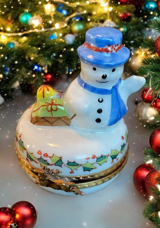 Limoges Peint Main Snowman In Blue Hat Christmas Trinket Box