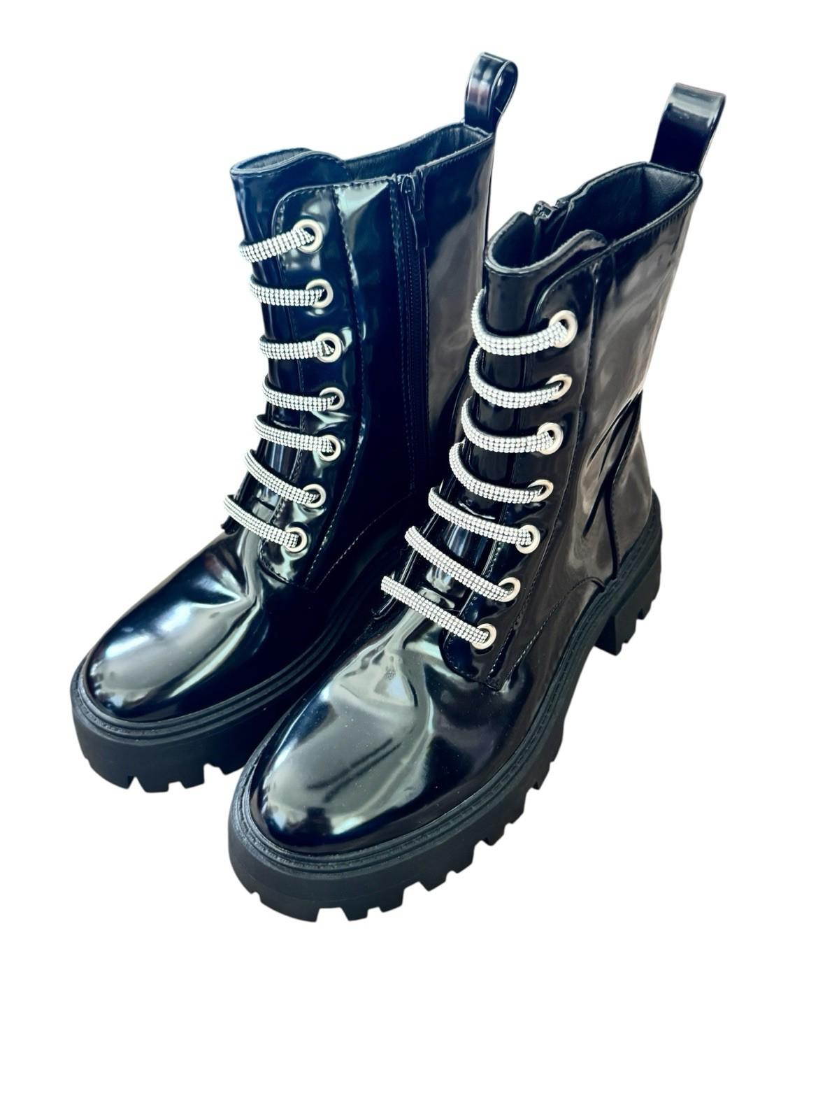 Forever 21 Black Patent Platform Combat Boots With Silver Glitter Laces Size 9