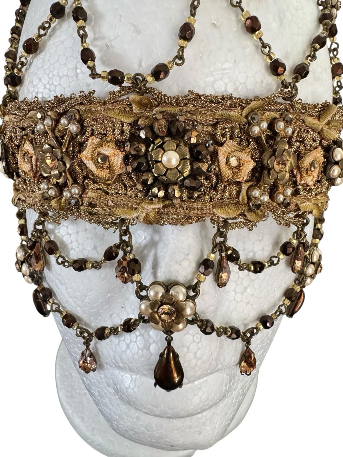 1920's Flapper Gold Headdress Beaded Rhinestone Floral Skull Cap Hat Gold Lame