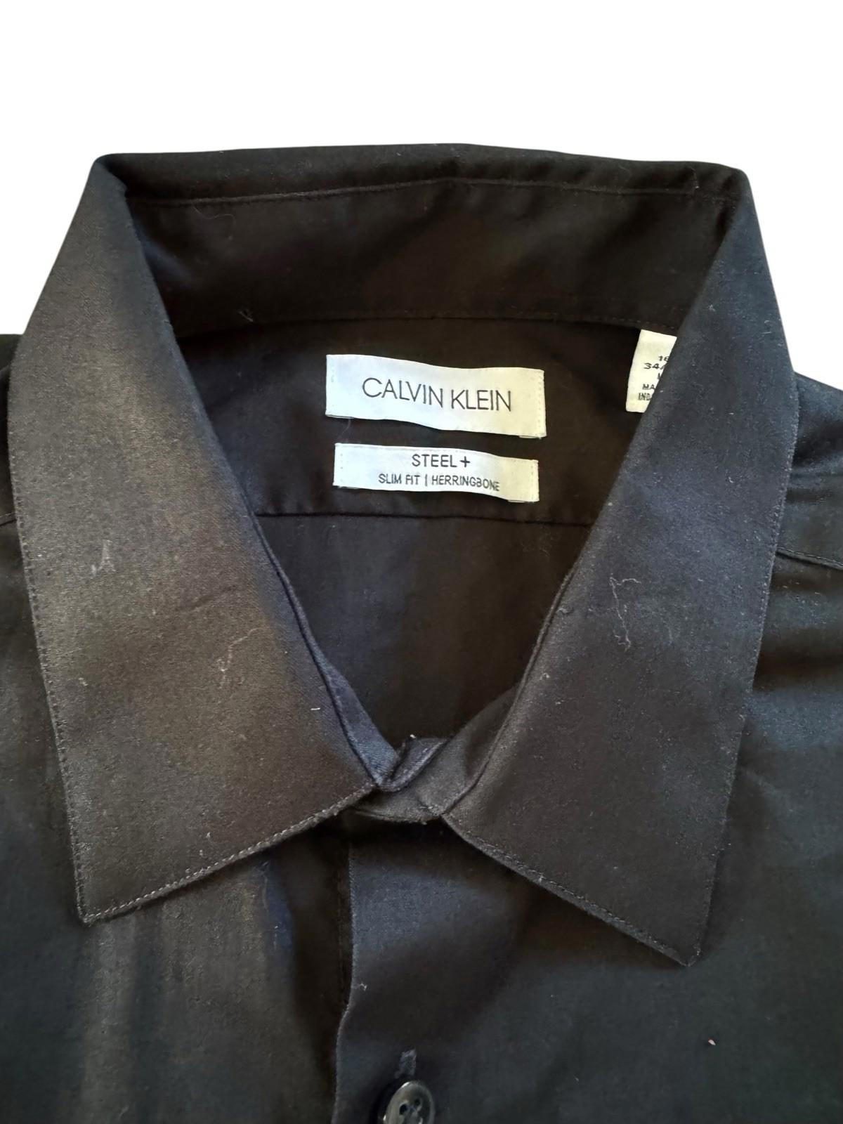 Calvin Klein Steel + Black Herringbone Men's Button Down Shirt 16 Slim Fit 34/35