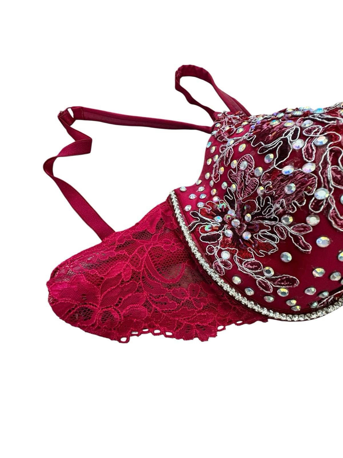 Gillian O'Malley Bedazzled Rhinestone Embroidery Deep Red Maroon Bra Drag 38DD