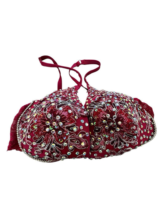 Gillian O'Malley Bedazzled Rhinestone Embroidery Deep Red Maroon Bra Drag 38DD