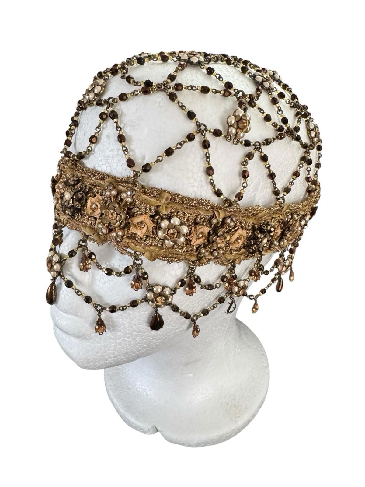 1920's Flapper Gold Headdress Beaded Rhinestone Floral Skull Cap Hat Gold Lame