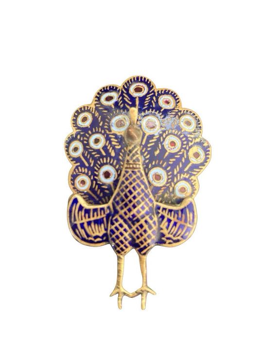 Vintage Royal Siam Blue Enameled Brass Articulating Peacock Brooch Pin 2.5 Inch