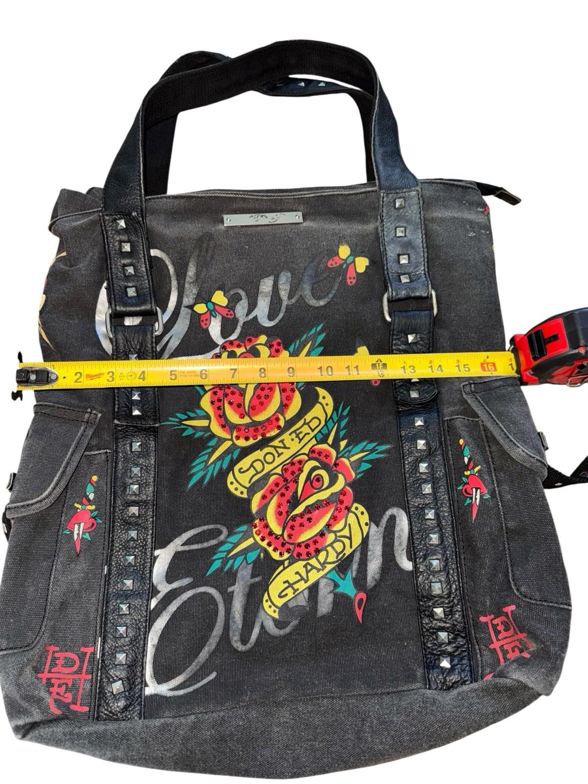 Ed Hardy Large Vintage Faux Leather Tote Bag Purse Love Eternal Tattoo Art Studs
