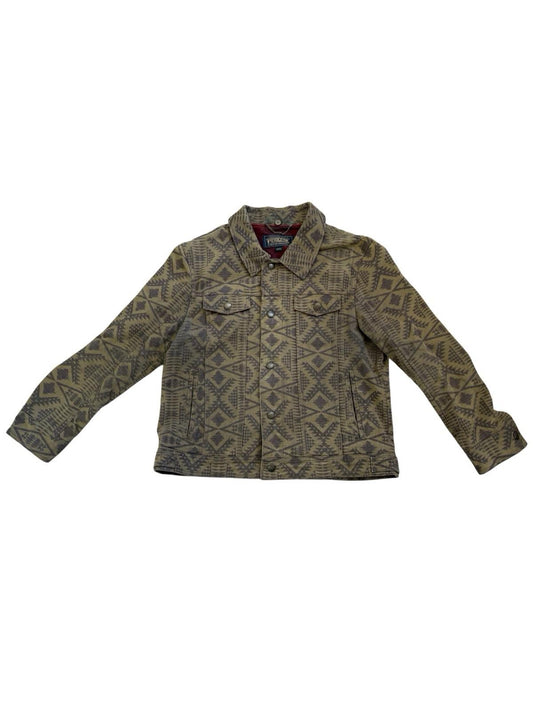 1980s Pendleton Brown Aztec Western Cotton Denim Jean Jacket Removable Collar M