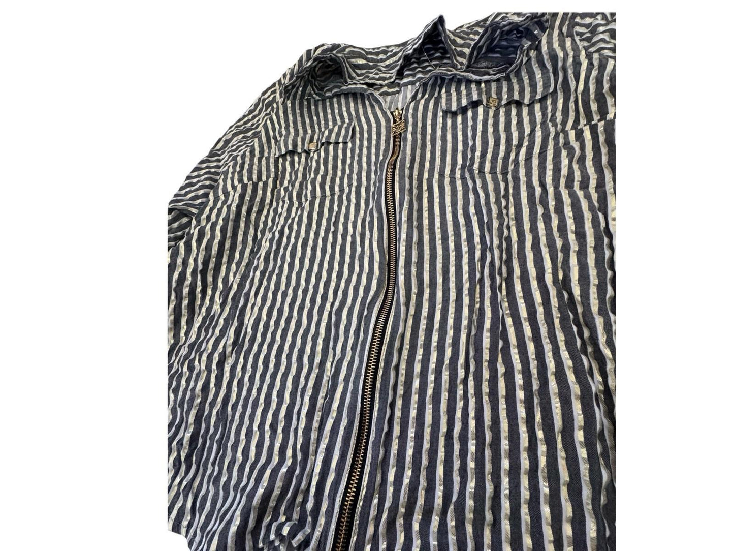 Anne Klein Blouse Black Gold Metallic Striped Zip Front Shirt 2XL