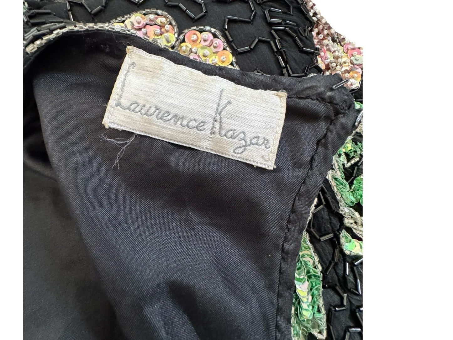 Vintage Lawrence Kazar Pink Floral Beaded Sequin Black Silk Formal Drag Dress M