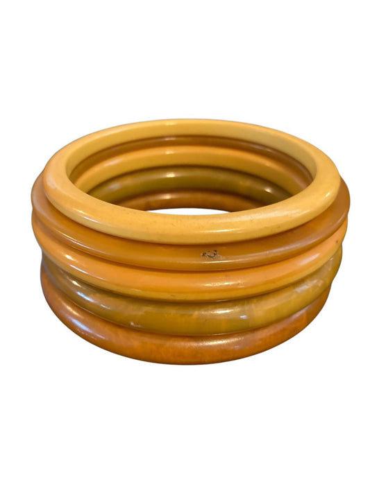 FIVE Vintage Bakelite Butterscotch Bangle Bracelets Amber/Green/Brown Art Deco