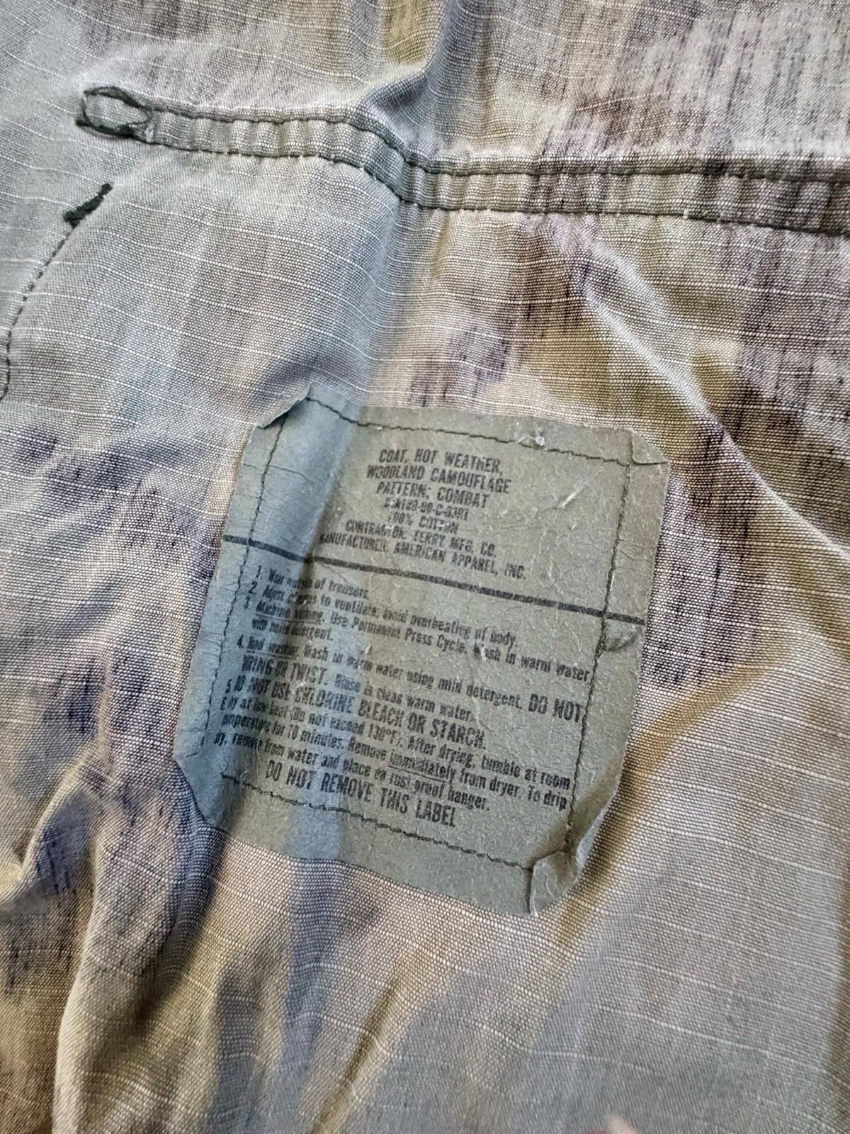 Vintage 1992-dated US Army Jungle Camouflage Fatigue Jacket Medium Named