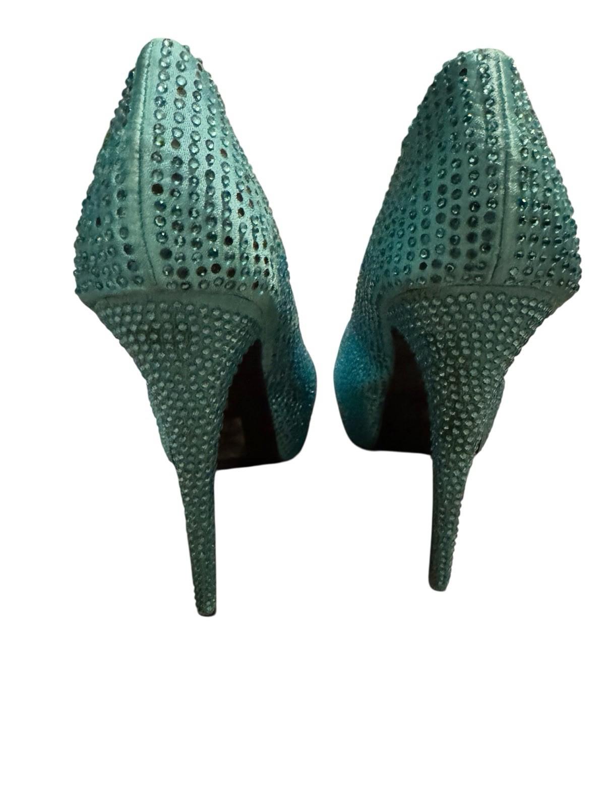Leg Avenue Teal Glamour Stiletto Heel Satin Rhinestone Peep Pump Drag Shoe 12