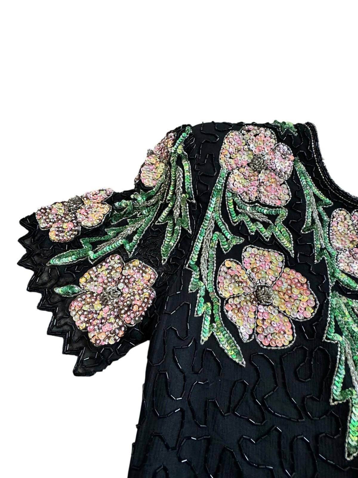 Vintage Lawrence Kazar Pink Floral Beaded Sequin Black Silk Formal Drag Dress M