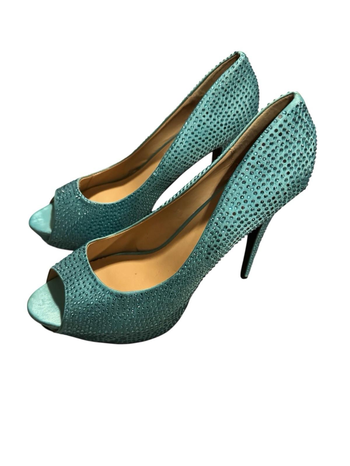 Leg Avenue Teal Glamour Stiletto Heel Satin Rhinestone Peep Pump Drag Shoe 12