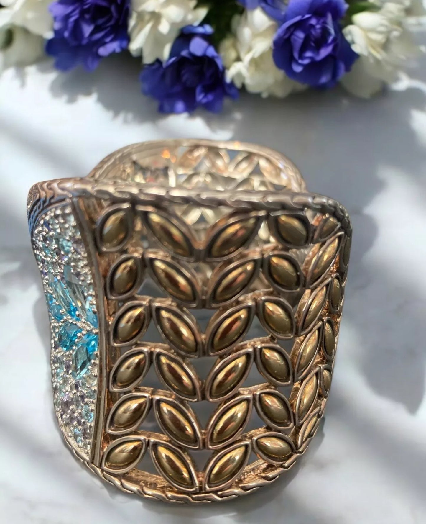 John Hardy 18K Sterling Cuff Bracelet Sapphire Topaz Iolite Aquamarine Batu