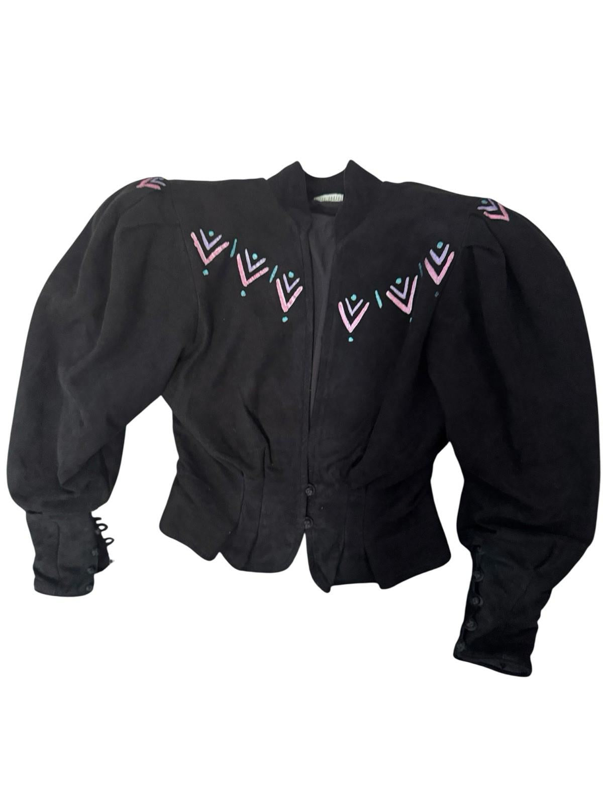 Vintage SHEBUE Victorian Cut Black Suede Hand Painted Jacket Blazer