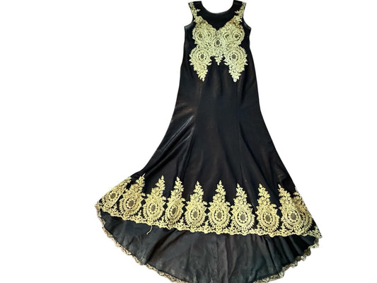 Grace Karin Black Gown Gold Floral Appliques Lined Formal Dress Size 16 Drag