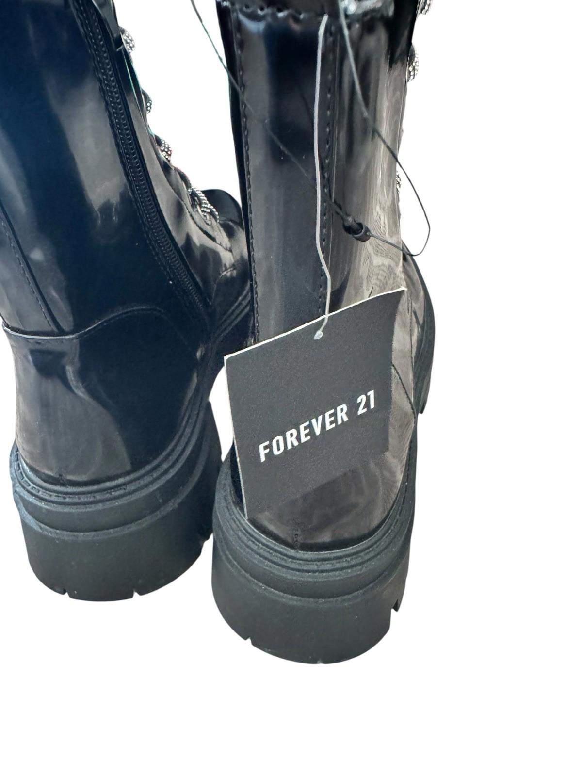 Forever 21 Black Patent Platform Combat Boots With Silver Glitter Laces Size 9