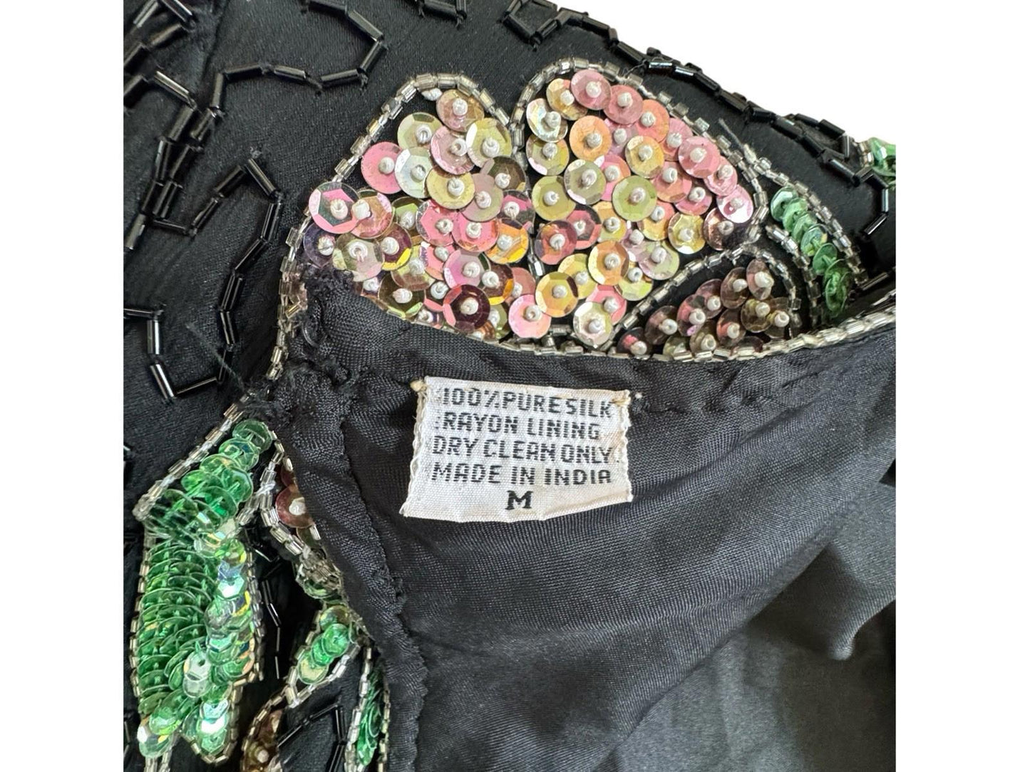 Vintage Lawrence Kazar Pink Floral Beaded Sequin Black Silk Formal Drag Dress M