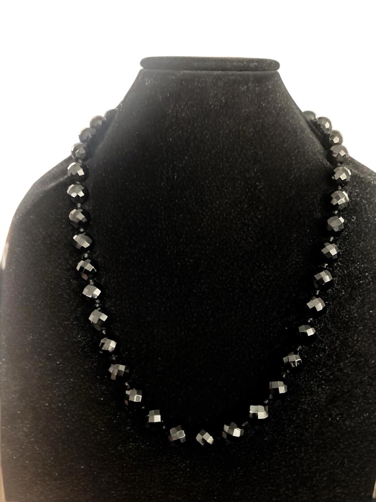 Victorian Sterling Silver Clasp Faceted Black Whitby Jet Mourning Glass Necklace