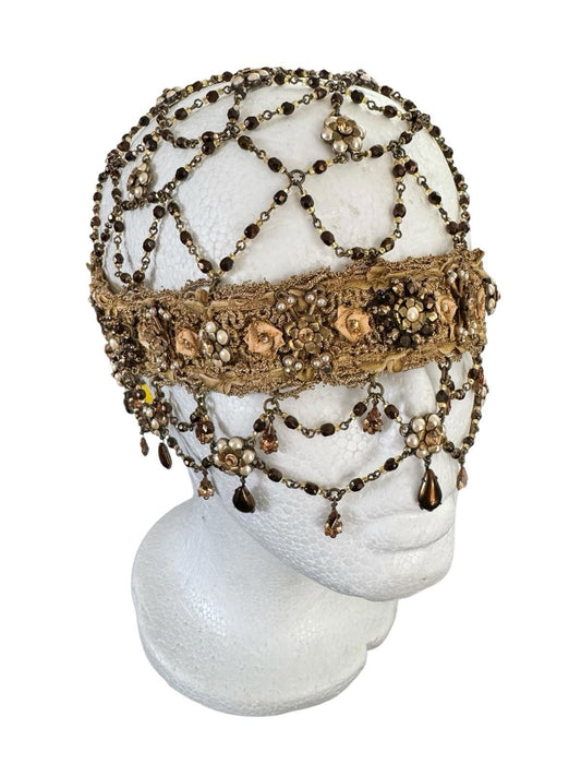 1920's Flapper Gold Headdress Beaded Rhinestone Floral Skull Cap Hat Gold Lame