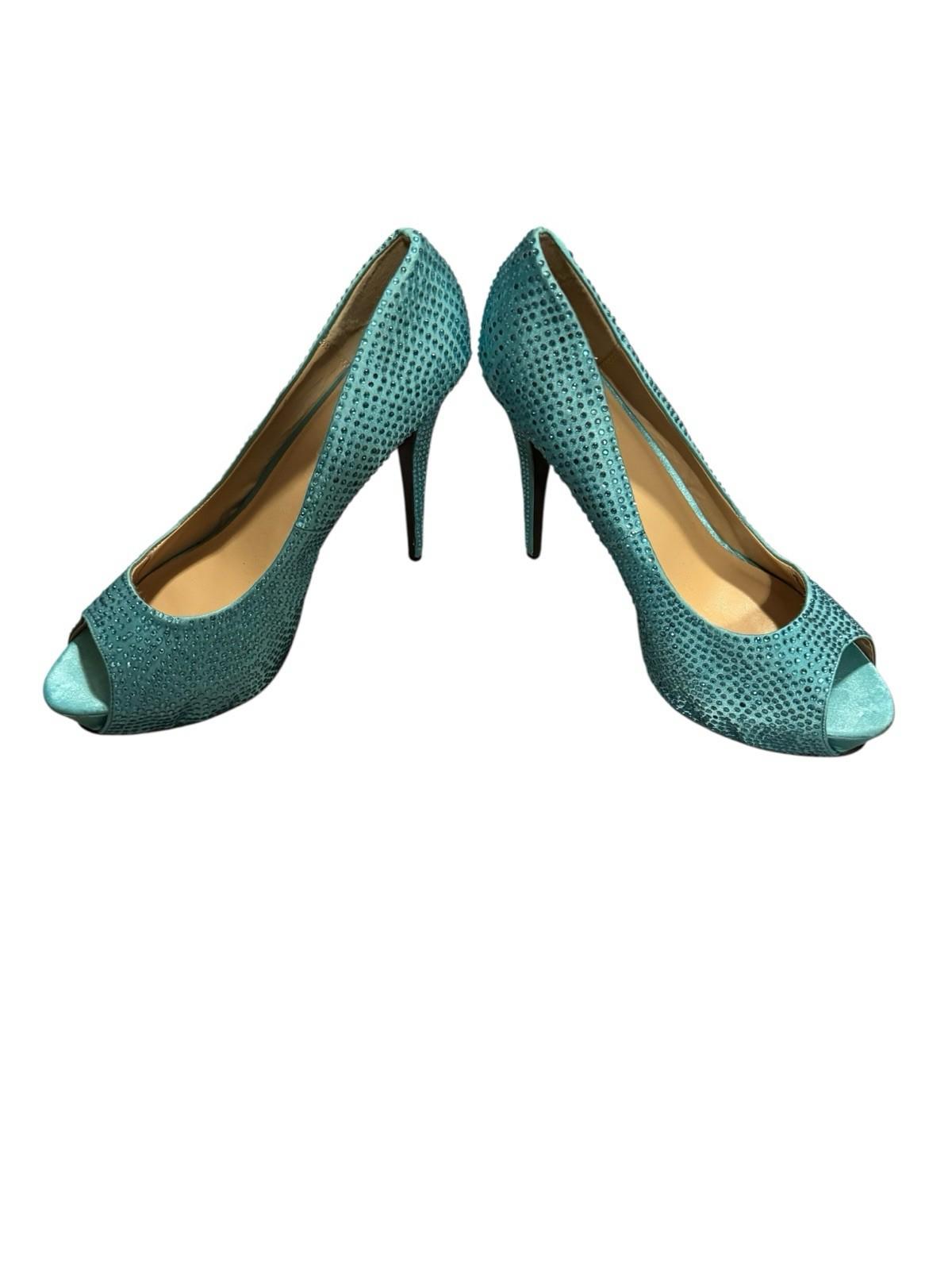 Leg Avenue Teal Glamour Stiletto Heel Satin Rhinestone Peep Pump Drag Shoe 12