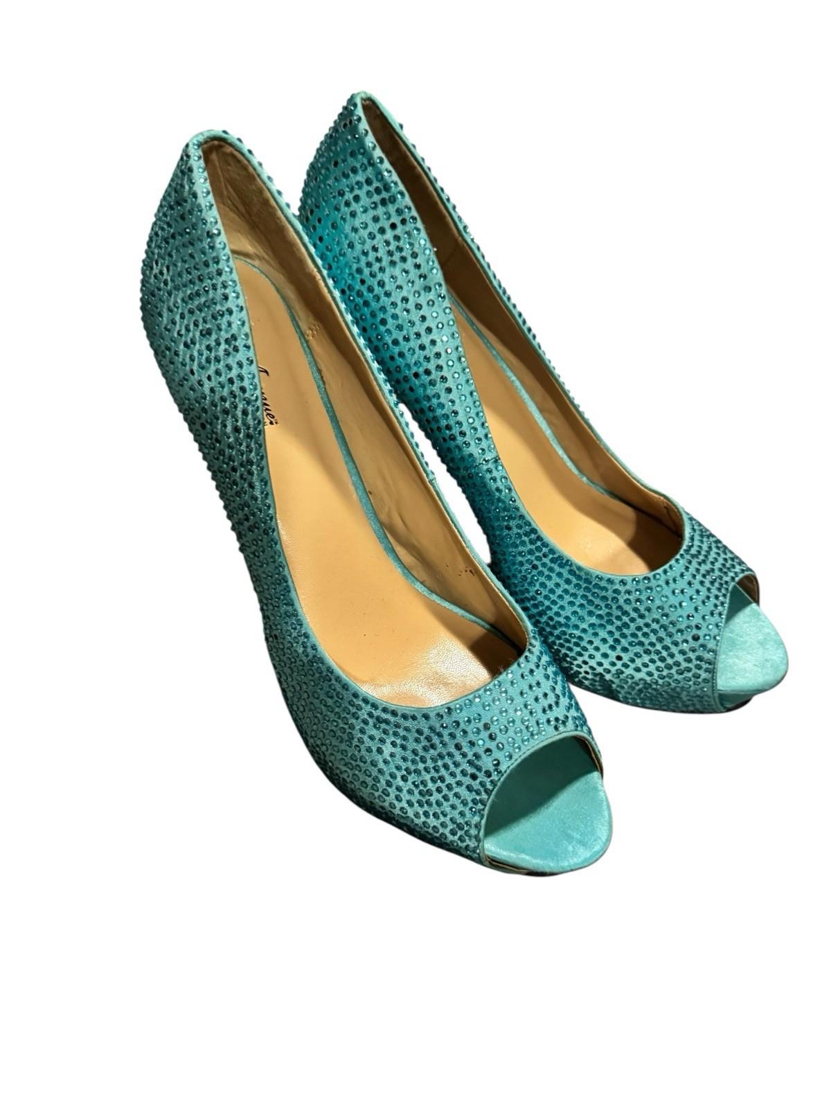 Leg Avenue Teal Glamour Stiletto Heel Satin Rhinestone Peep Pump Drag Shoe 12