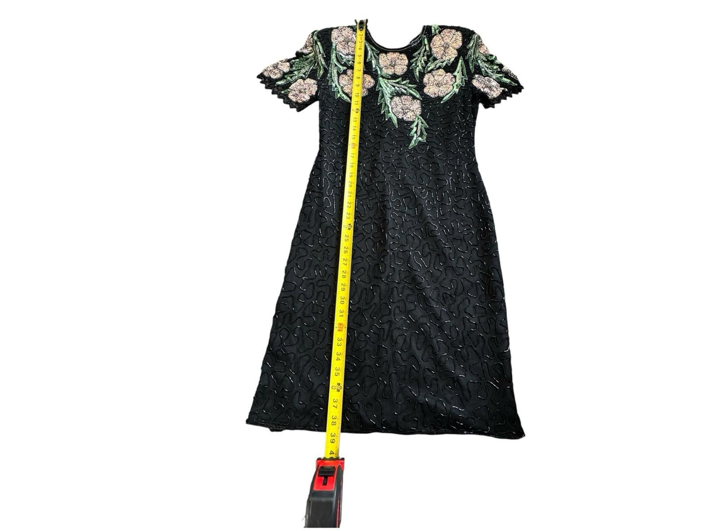 Vintage Lawrence Kazar Pink Floral Beaded Sequin Black Silk Formal Drag Dress M