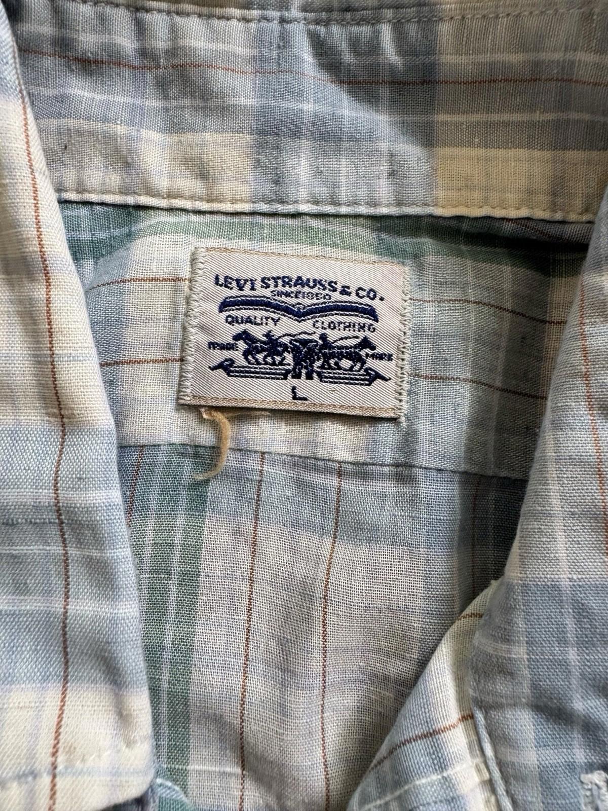 Levis Jeans Vintage 1970's White Tab Mens Short Cut Sleeve Button Down Shirt L