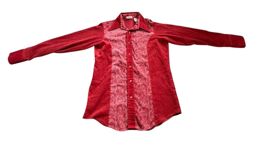 Vintage 1970s Manchester Shirt California Red Paisley Corduroy XL Snap Button
