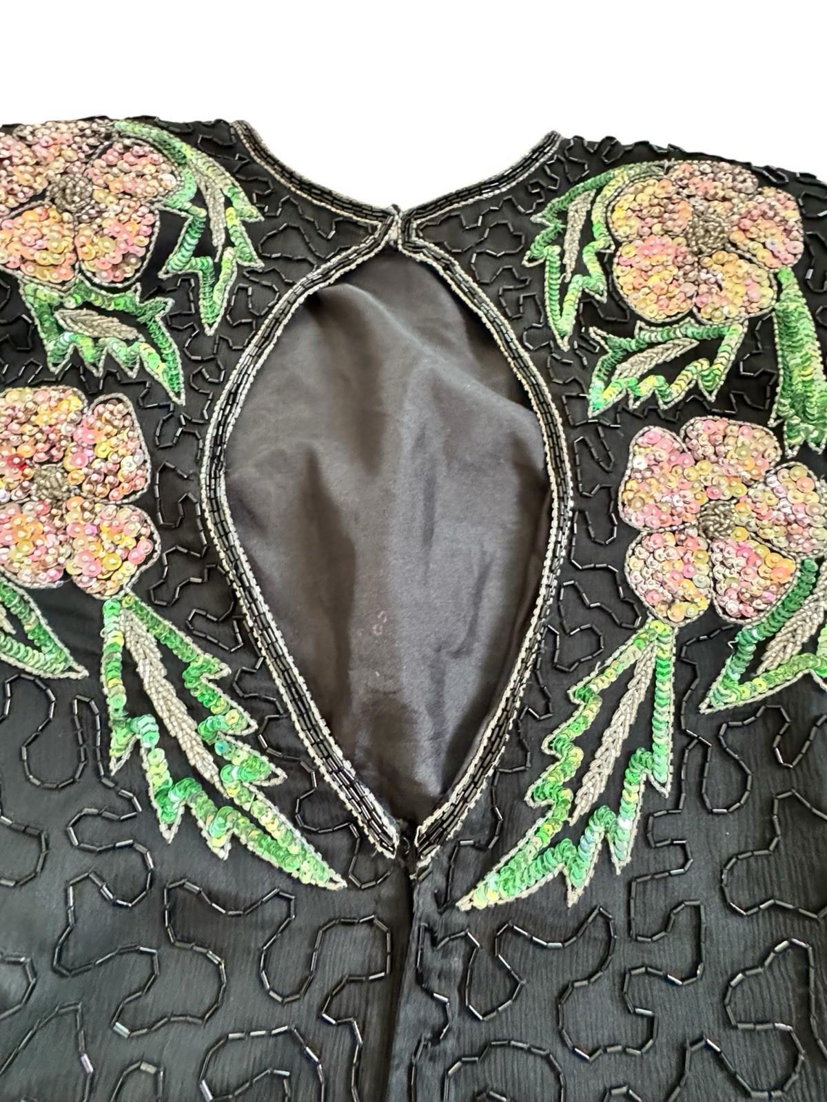 Vintage Lawrence Kazar Pink Floral Beaded Sequin Black Silk Formal Drag Dress M