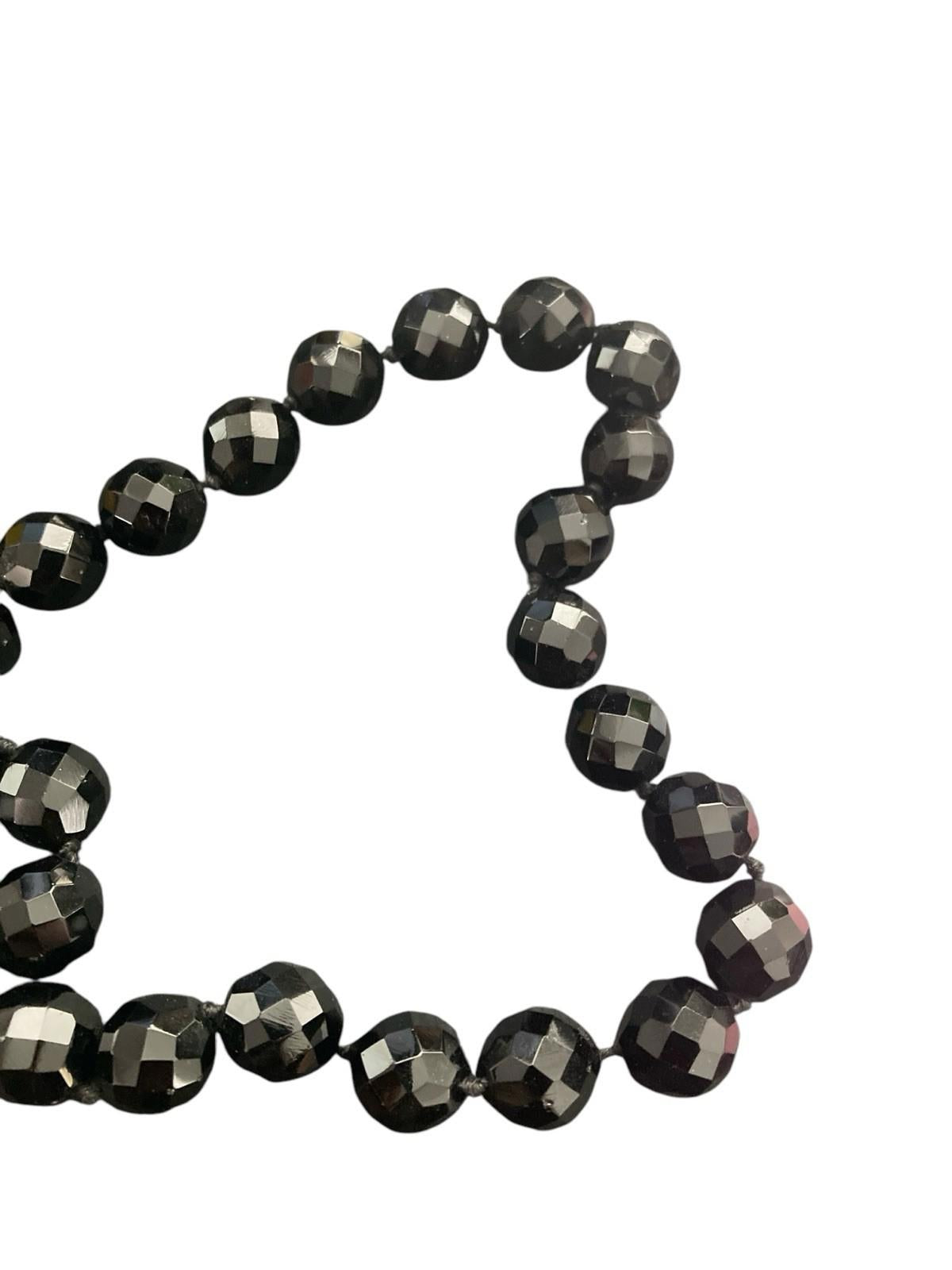 Victorian Sterling Silver Clasp Faceted Black Whitby Jet Mourning Glass Necklace