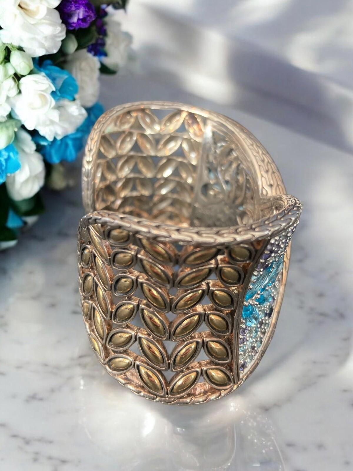 John Hardy 18K Sterling Cuff Bracelet Sapphire Topaz Iolite Aquamarine Batu