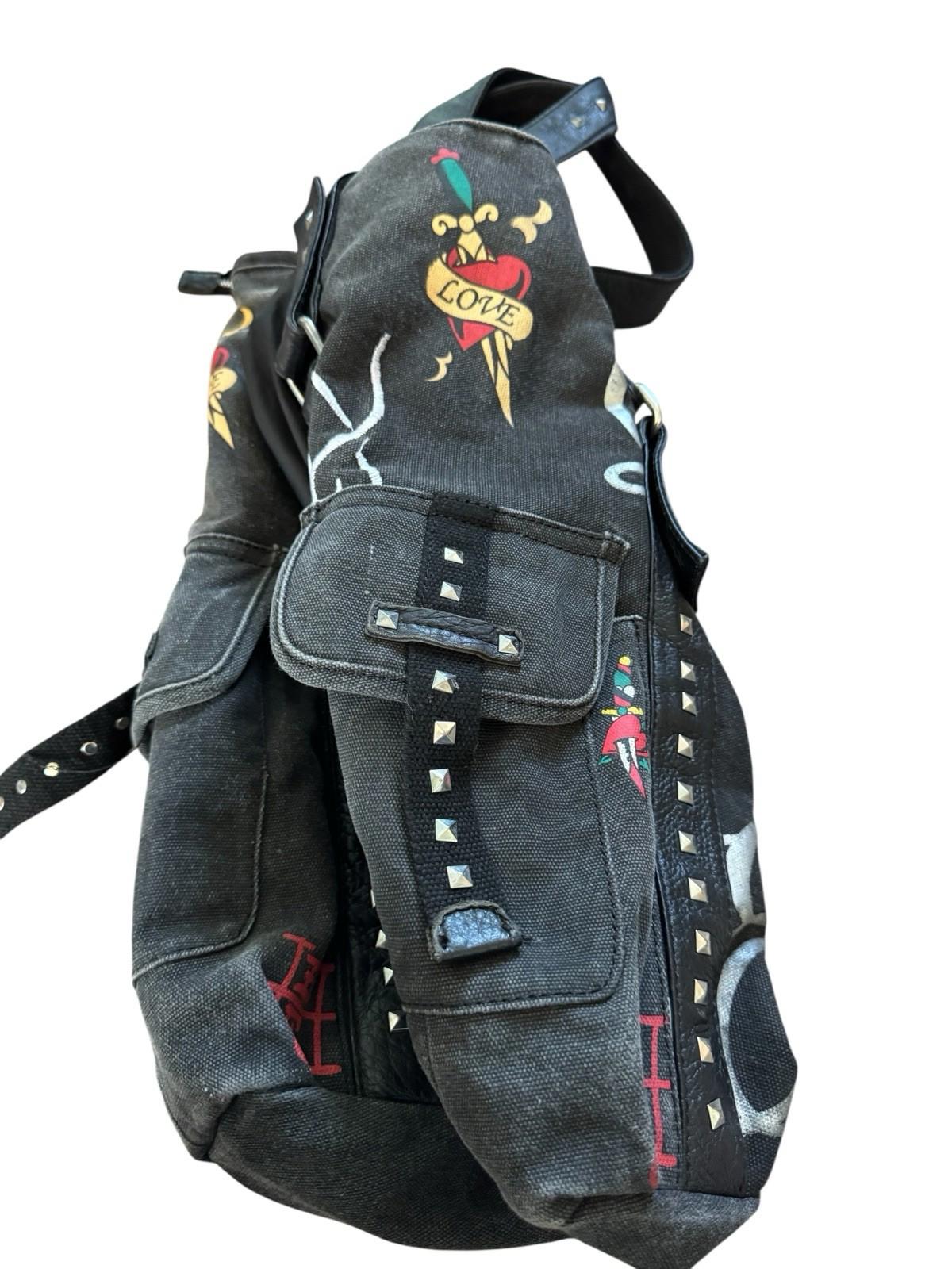 Ed Hardy Large Vintage Faux Leather Tote Bag Purse Love Eternal Tattoo Art Studs