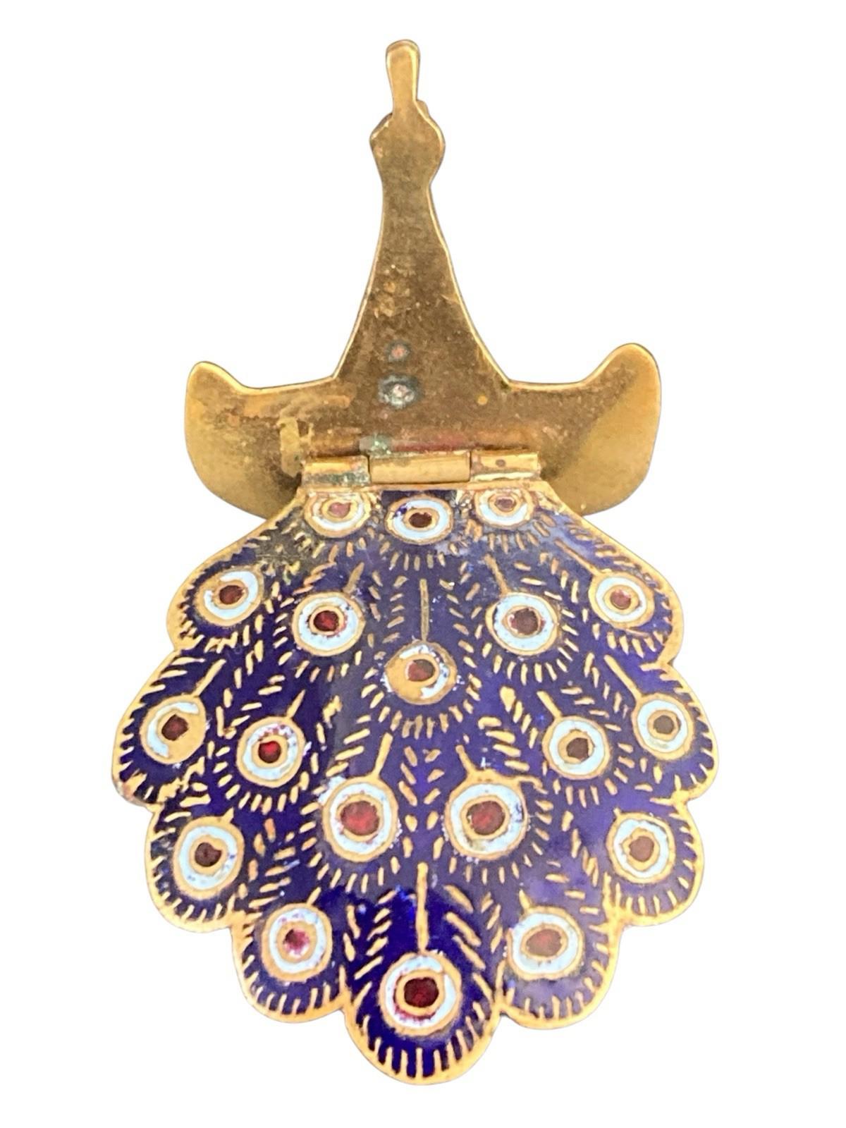 Vintage Royal Siam Blue Enameled Brass Articulating Peacock Brooch Pin 2.5 Inch
