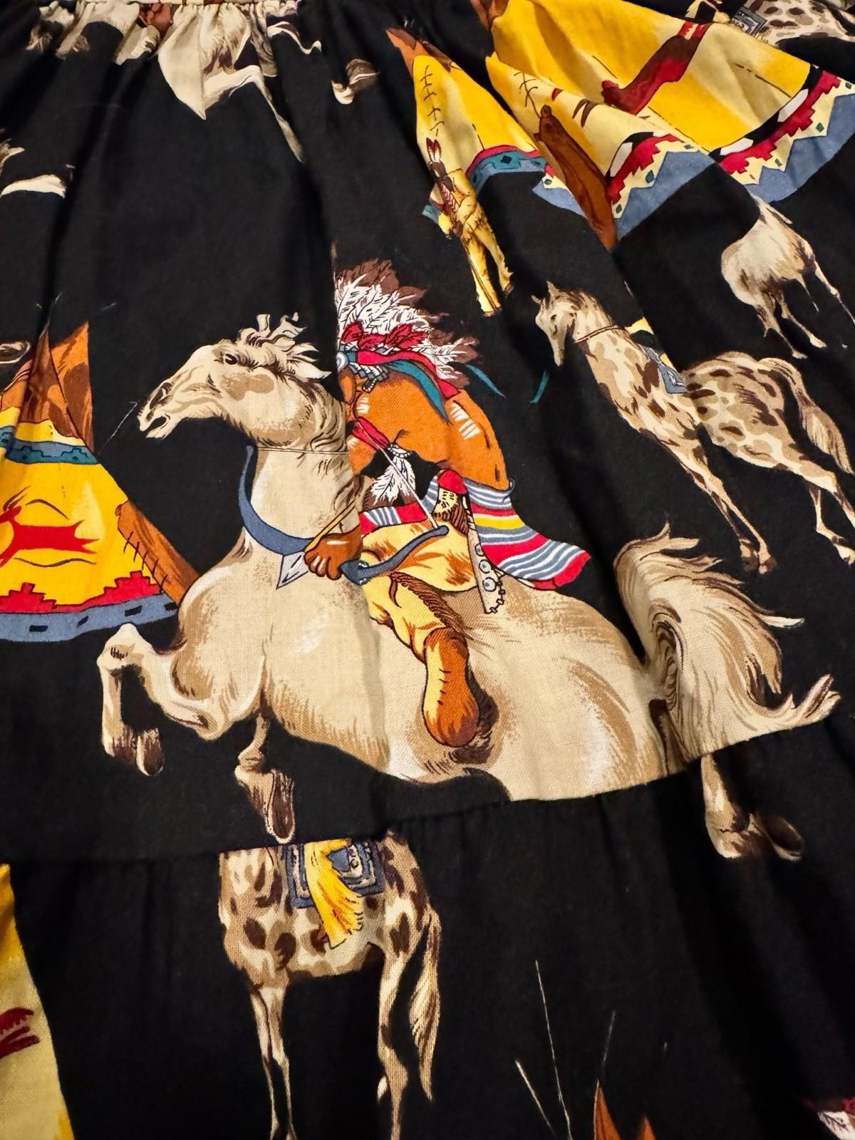 Vintage Western Rodeo Cowgirl Cotton Skirt Native American Horses Made in USA