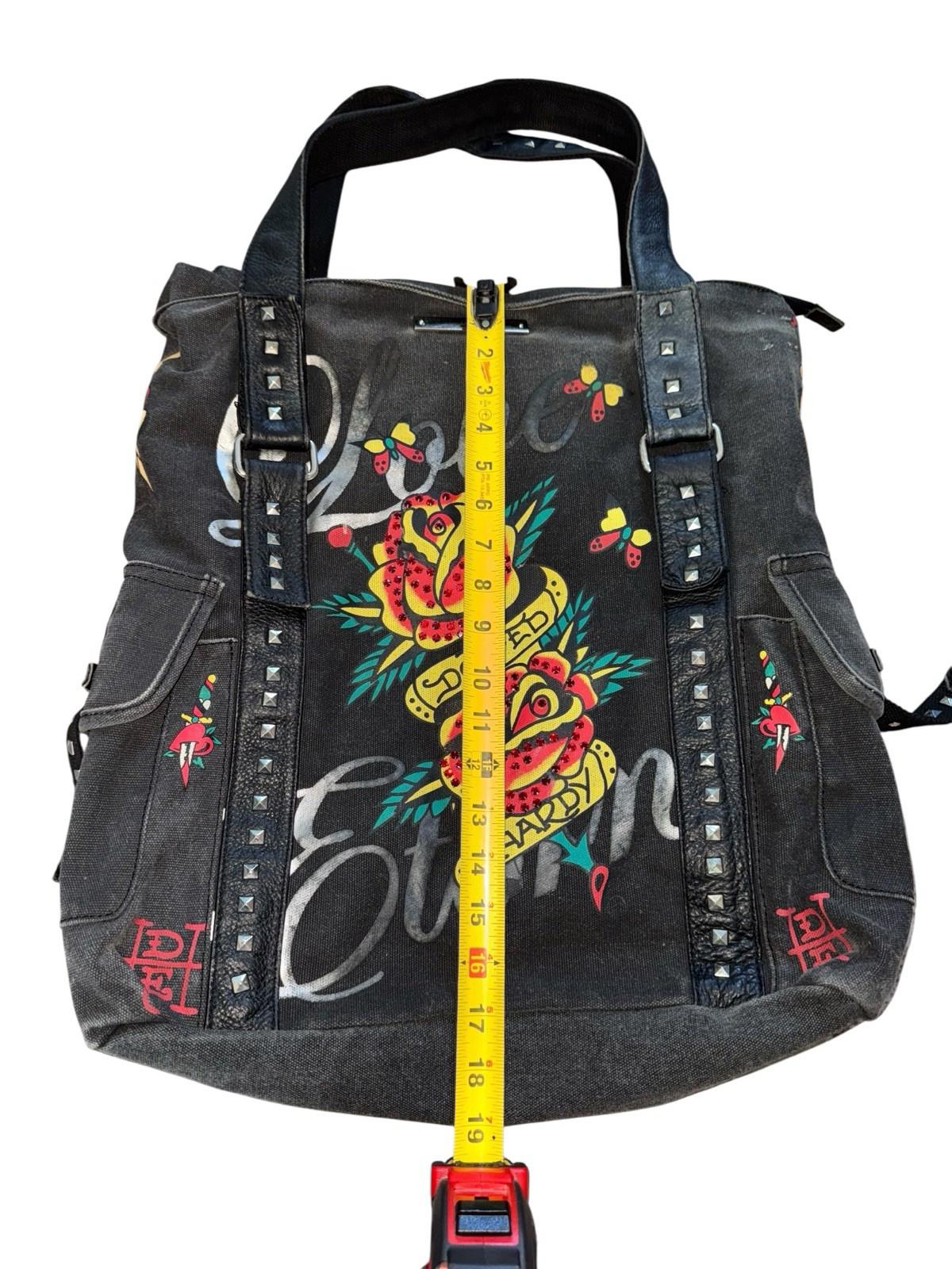 Ed Hardy Large Vintage Faux Leather Tote Bag Purse Love Eternal Tattoo Art Studs