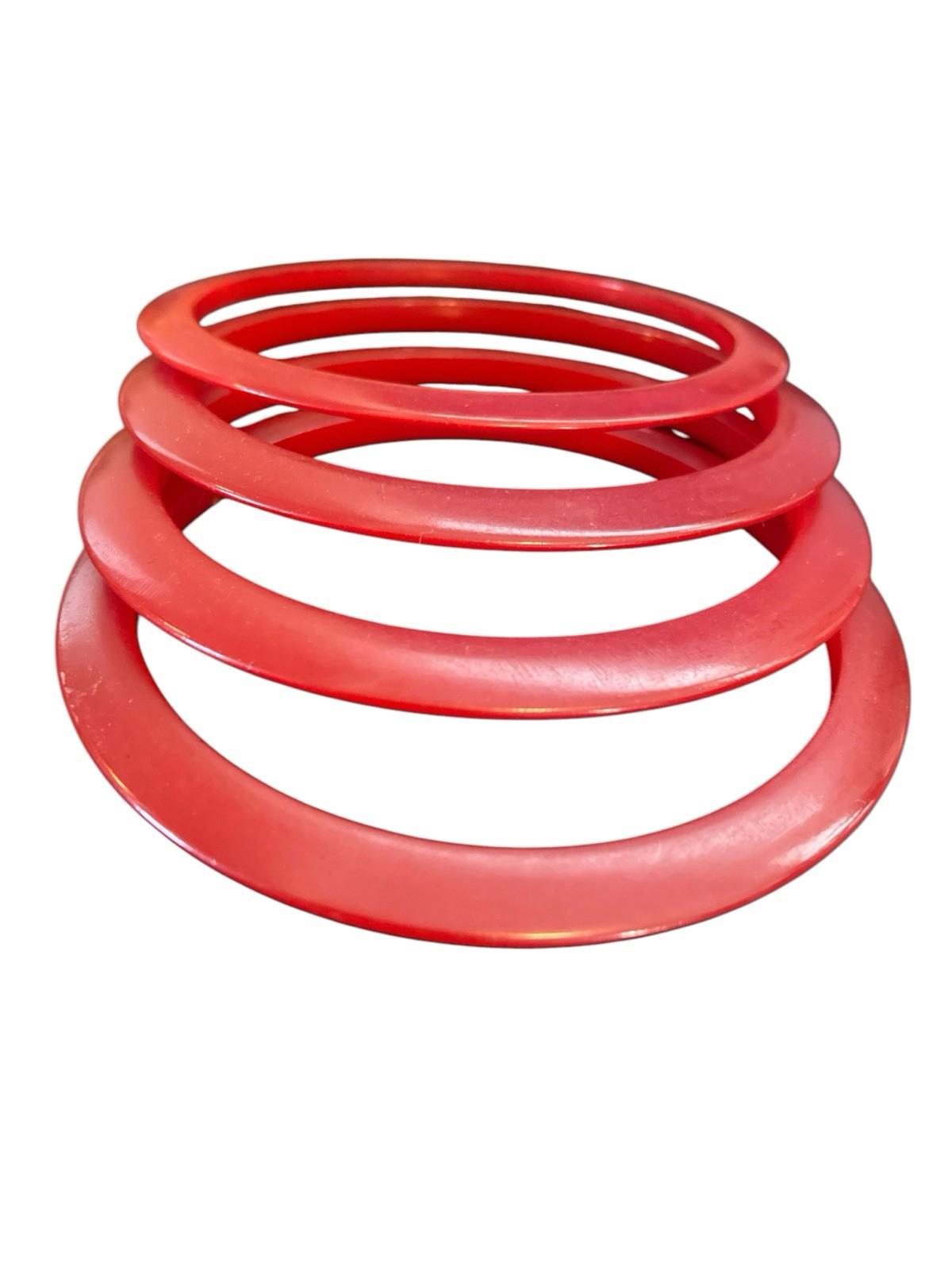 FOUR Vintage Bakelite Red Stackable Spacer Bangle Bracelets Cherry Red Art Deco