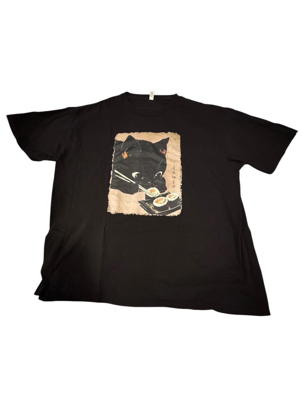 Cat Eating Sushi T-Shirt Men's Tshirt Japanese Tee Japan Kawaii Kitten 2XL