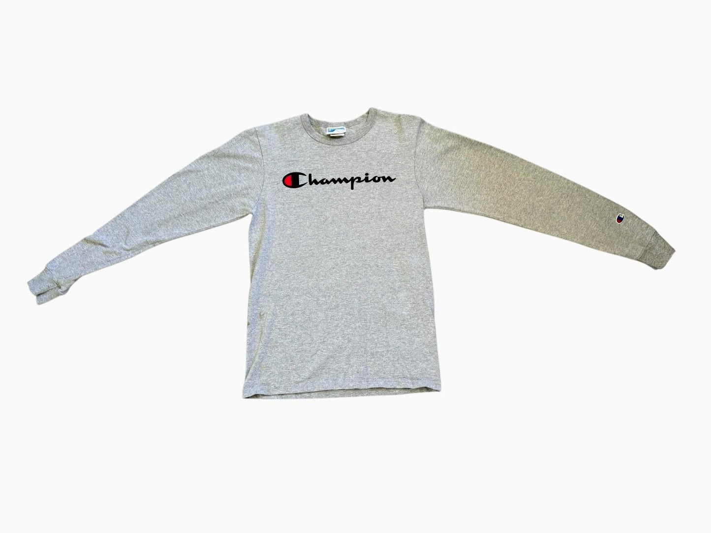 Vintage 1980s CHAMPION Grey Long Sleeve T-Shirt Size Small Black Letters
