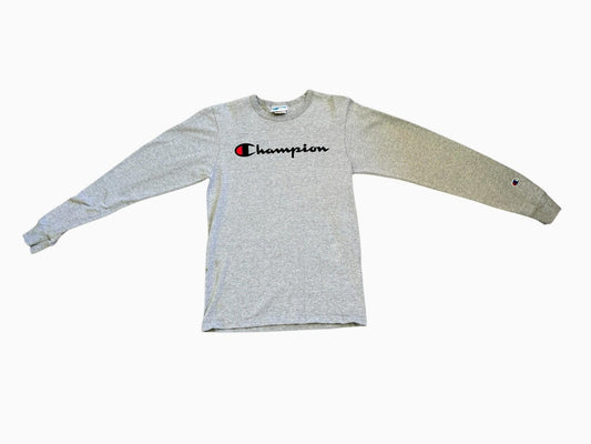 Vintage 1980s CHAMPION Grey Long Sleeve T-Shirt Size Small Black Letters