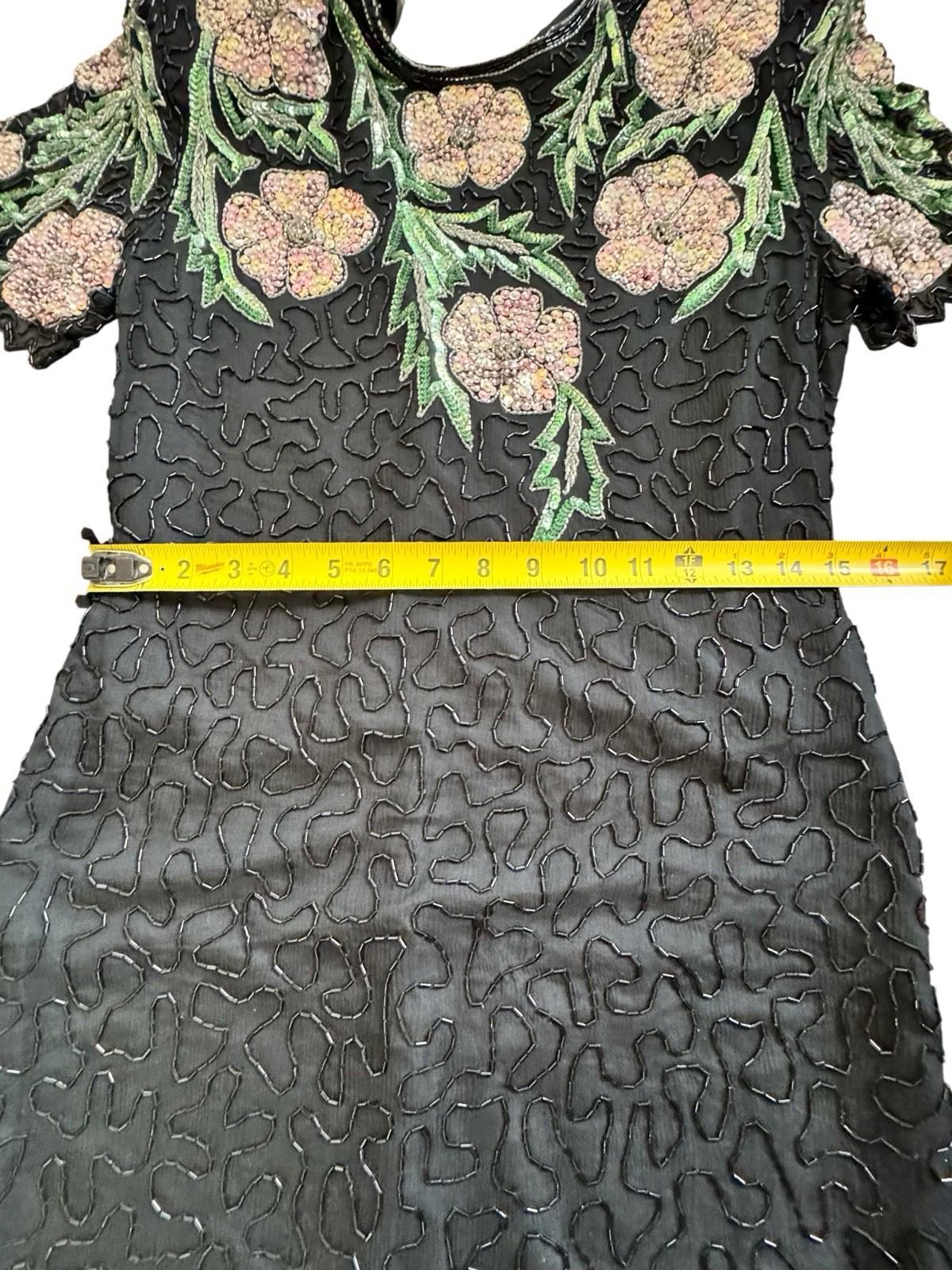 Vintage Lawrence Kazar Pink Floral Beaded Sequin Black Silk Formal Drag Dress M
