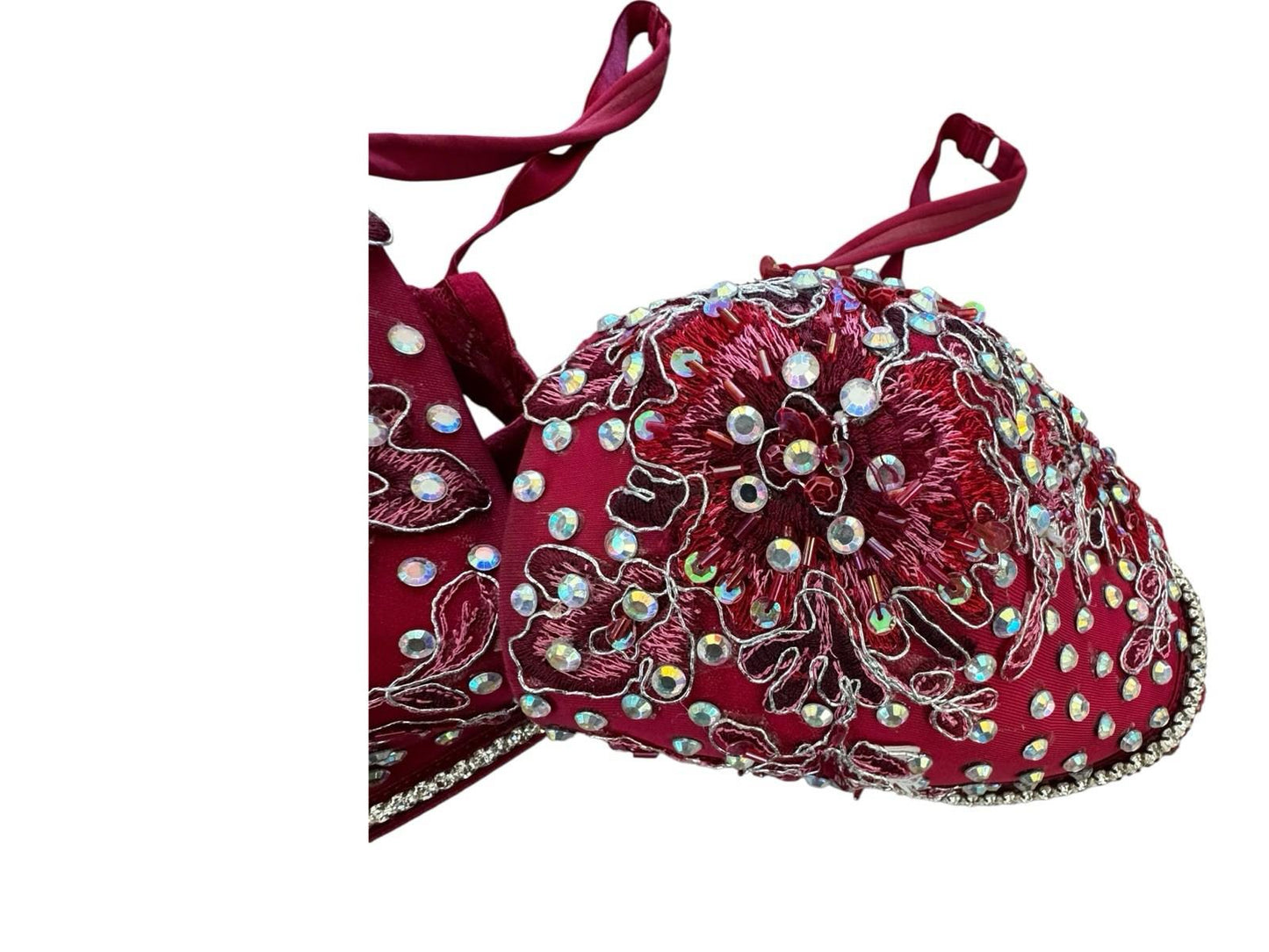 Gillian O'Malley Bedazzled Rhinestone Embroidery Deep Red Maroon Bra Drag 38DD