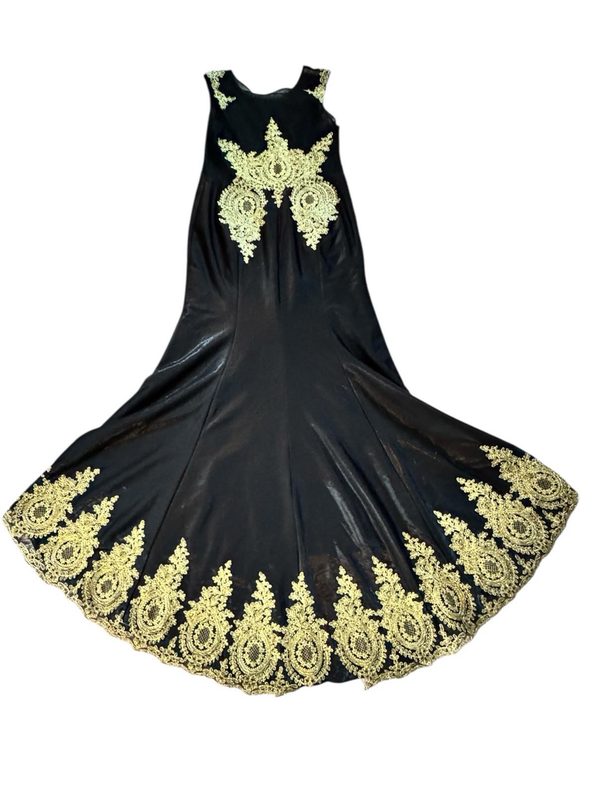 Grace Karin Black Gown Gold Floral Appliques Lined Formal Dress Size 16 Drag