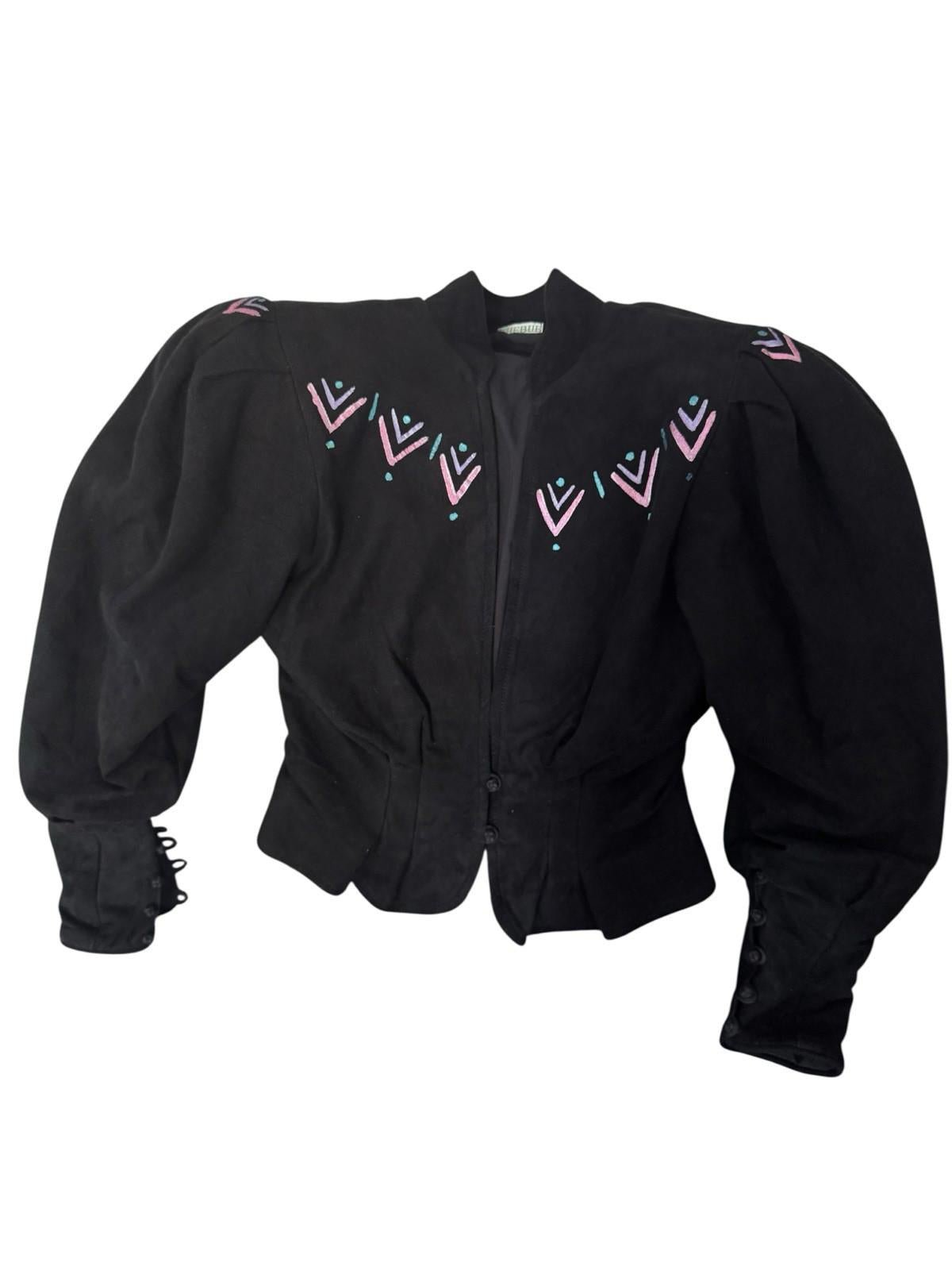 Vintage SHEBUE Victorian Cut Black Suede Hand Painted Jacket Blazer