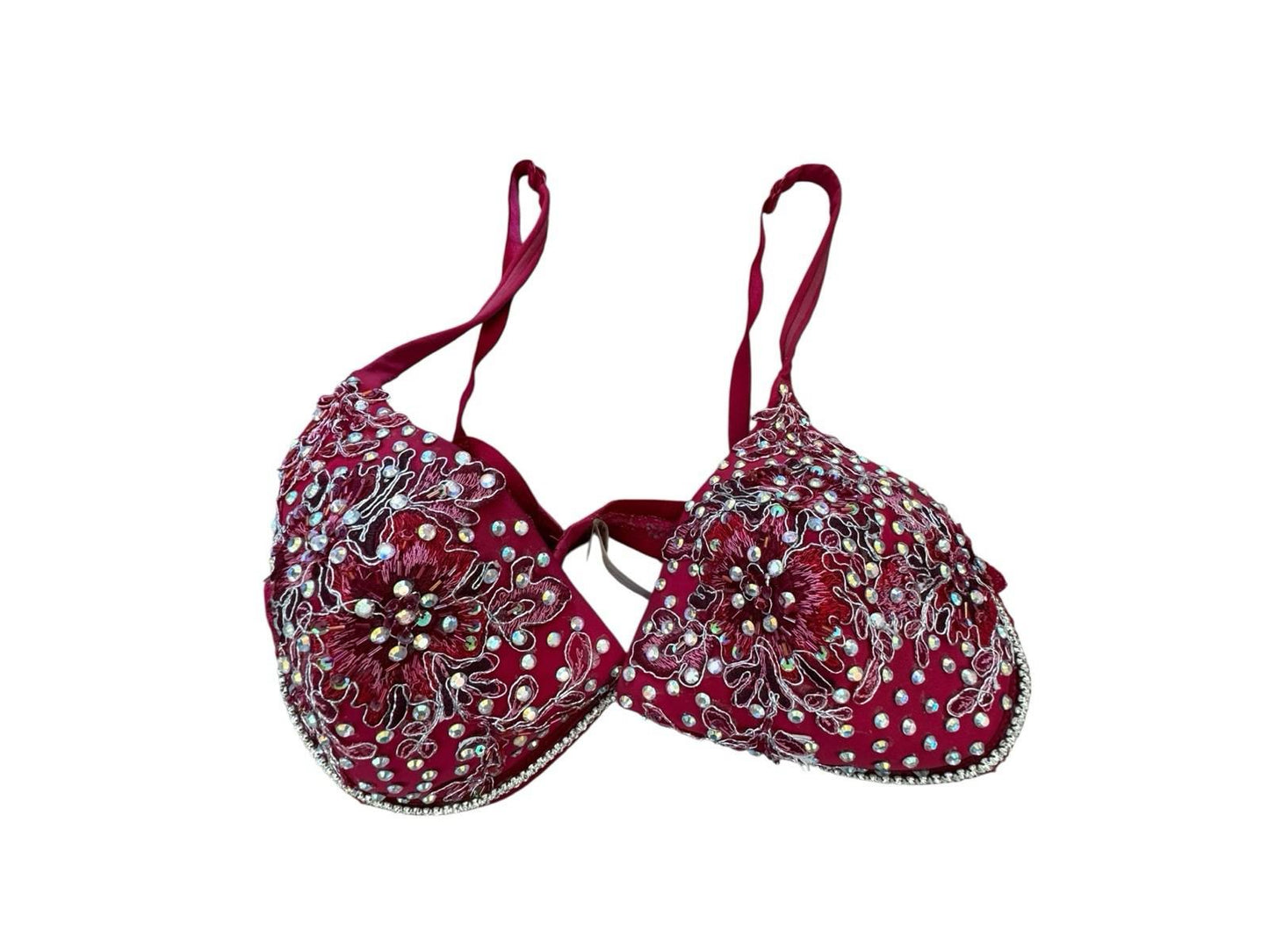 Gillian O'Malley Bedazzled Rhinestone Embroidery Deep Red Maroon Bra Drag 38DD